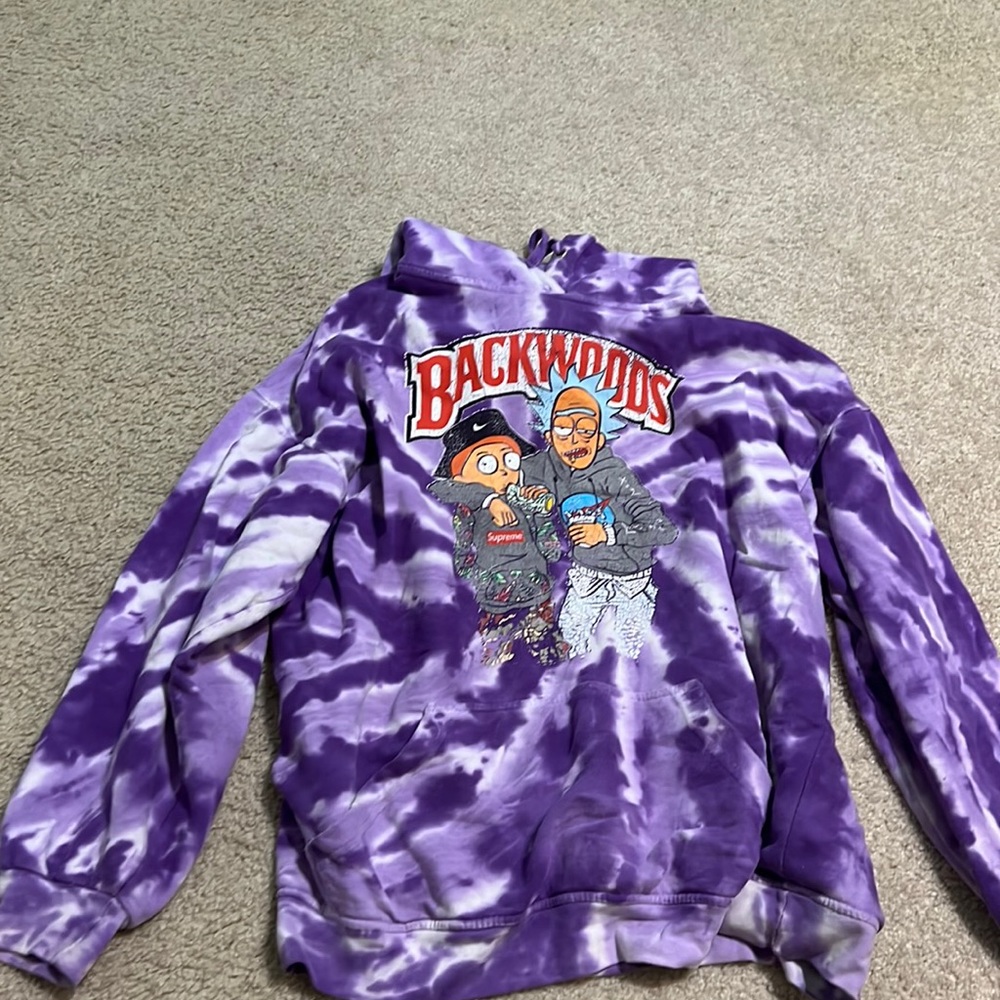 tie-dye purple and white backwoods rick and morty sweatshirt
